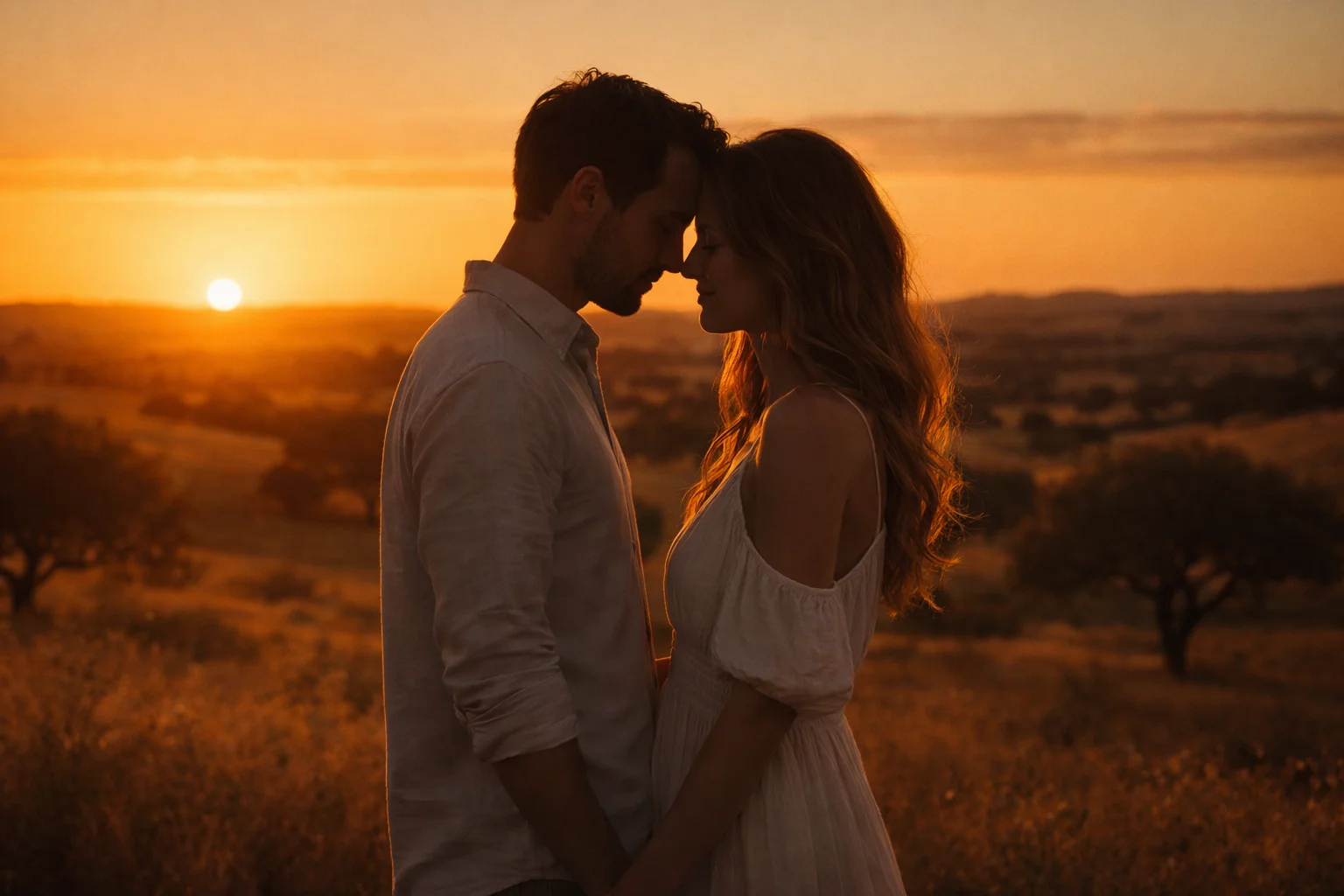 Fotografia de casal em sessão fotográfica ao pôr do sol no Alentejo Portugal